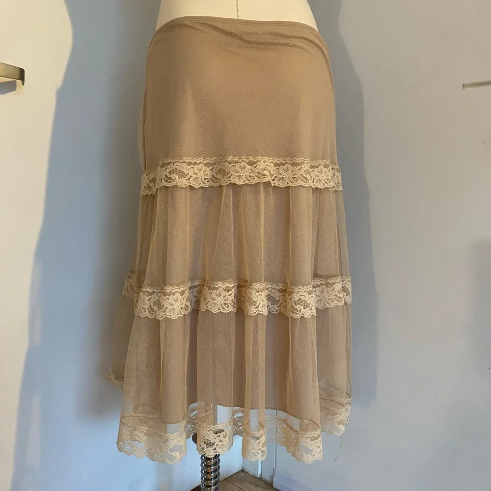 Vintage Tan Lace Detail Midi Skirt Size Small - Picture 3 of 10